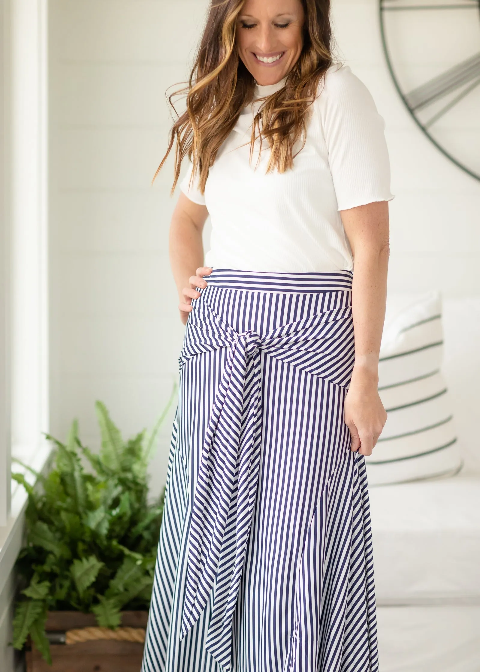 Navy Front Tie Stripe Midi Skirt - FINAL SALE