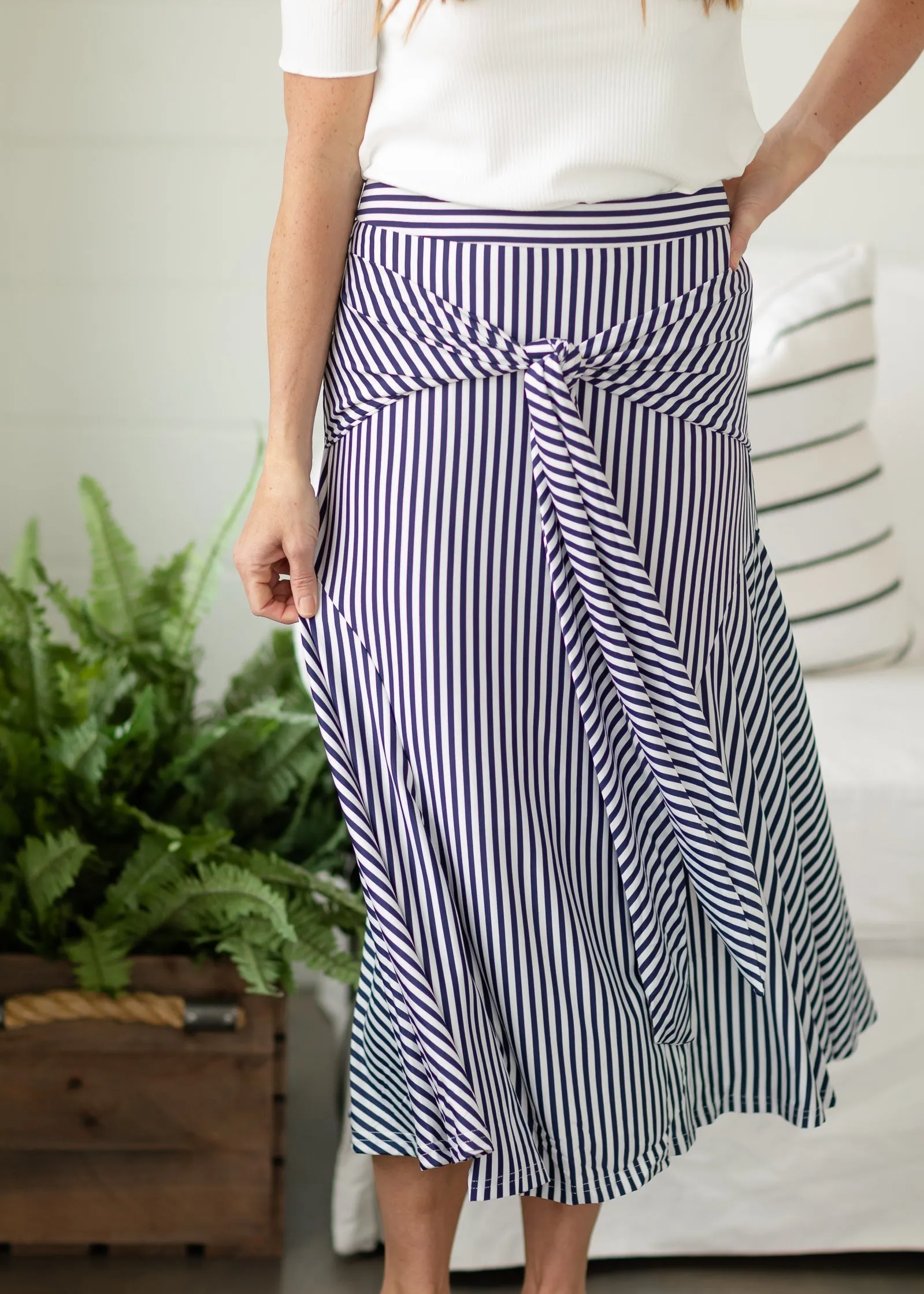 Navy Front Tie Stripe Midi Skirt - FINAL SALE