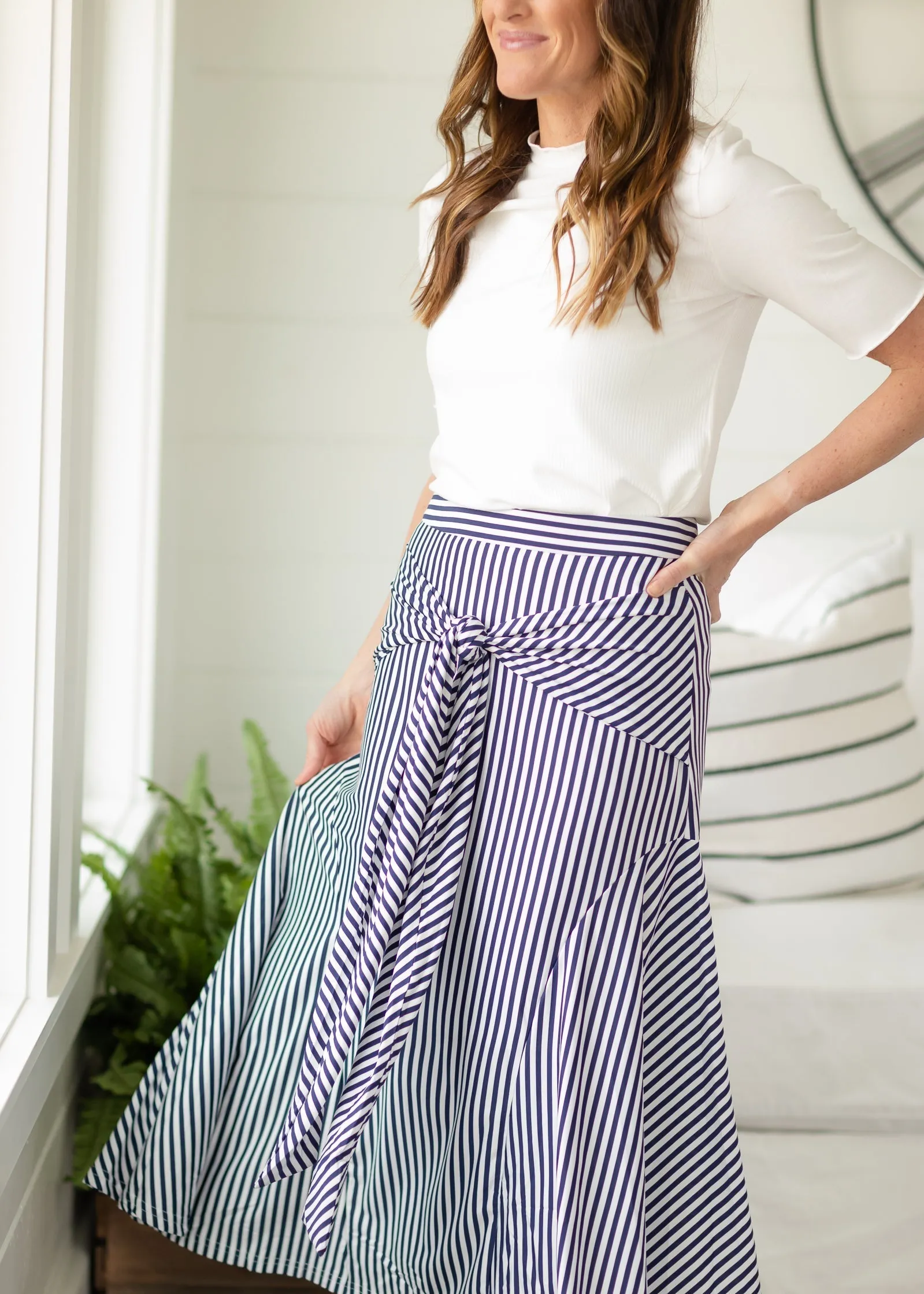 Navy Front Tie Stripe Midi Skirt - FINAL SALE