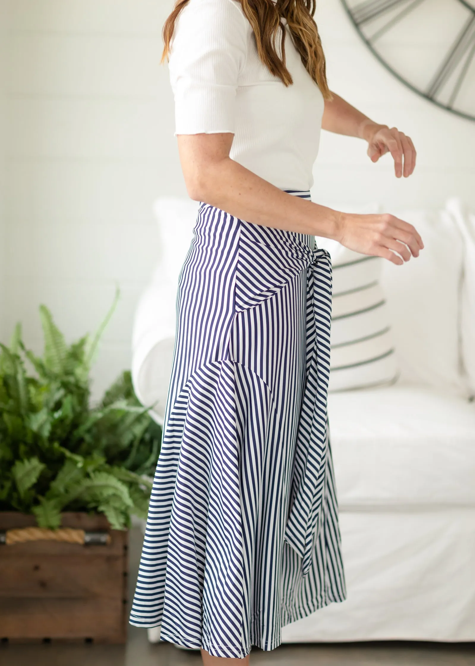 Navy Front Tie Stripe Midi Skirt - FINAL SALE