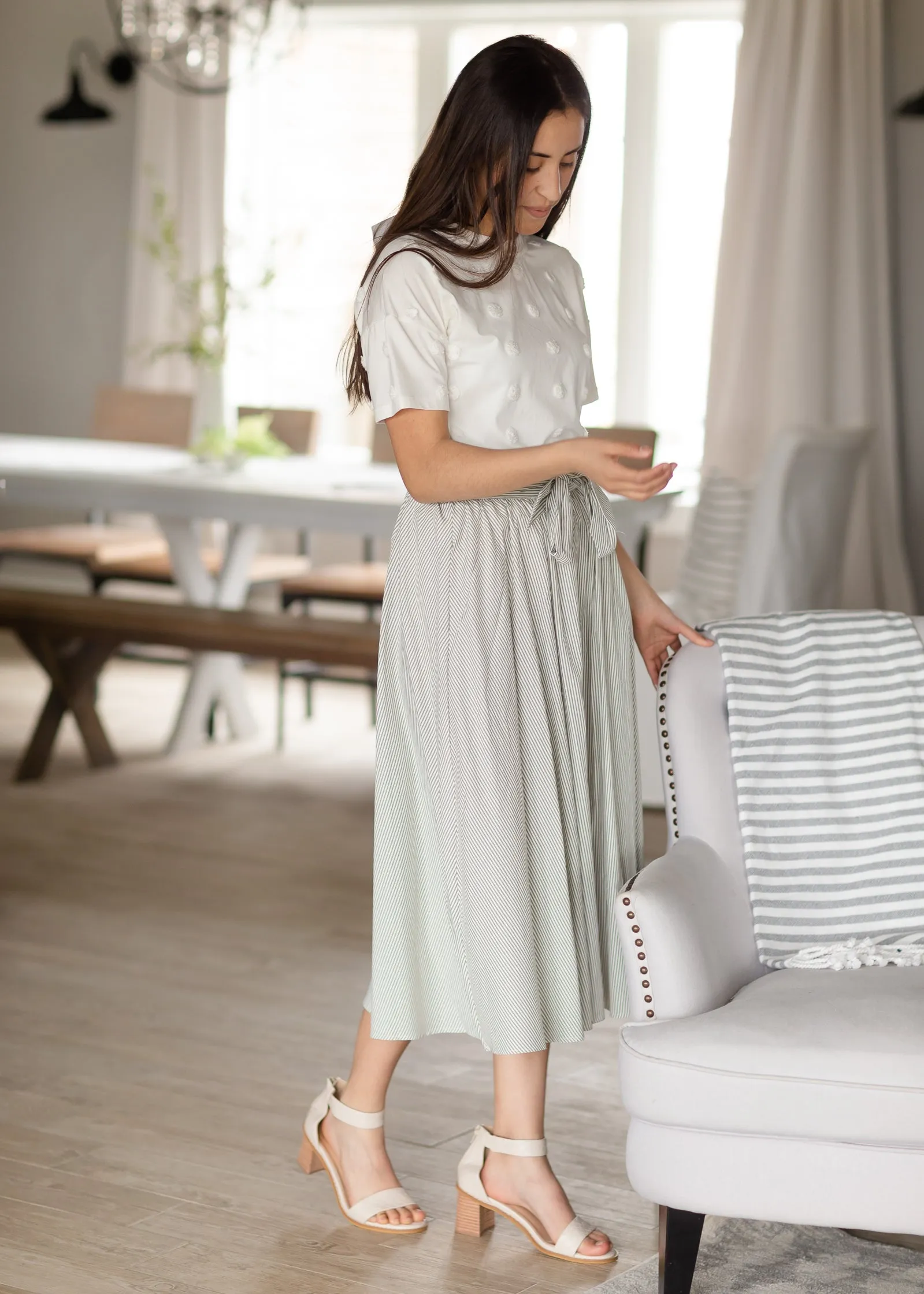 Olive Button Down Stripe Midi Skirt - FINAL SALE