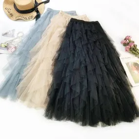 One Size Summer Tulle Skirt Women Boho Long Skirt High Waist Ruffles