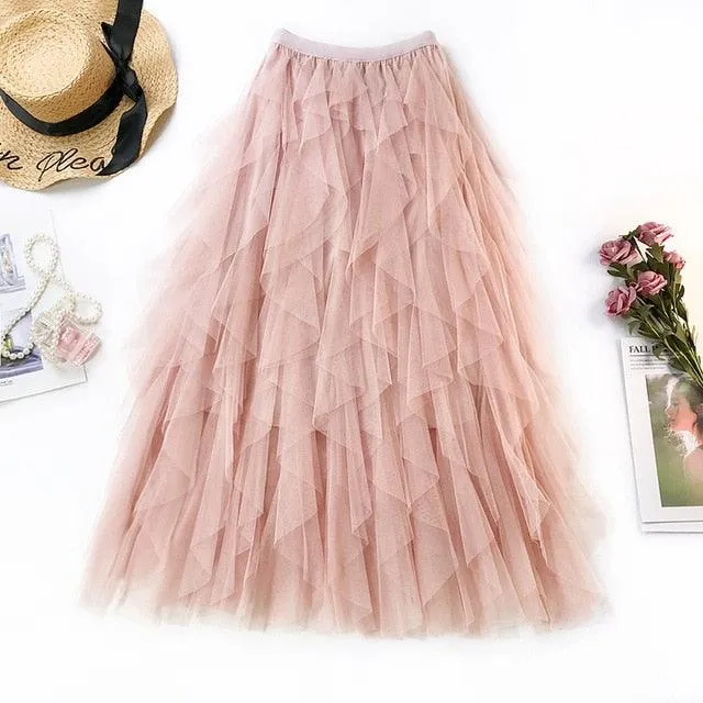 One Size Summer Tulle Skirt Women Boho Long Skirt High Waist Ruffles