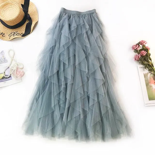 One Size Summer Tulle Skirt Women Boho Long Skirt High Waist Ruffles