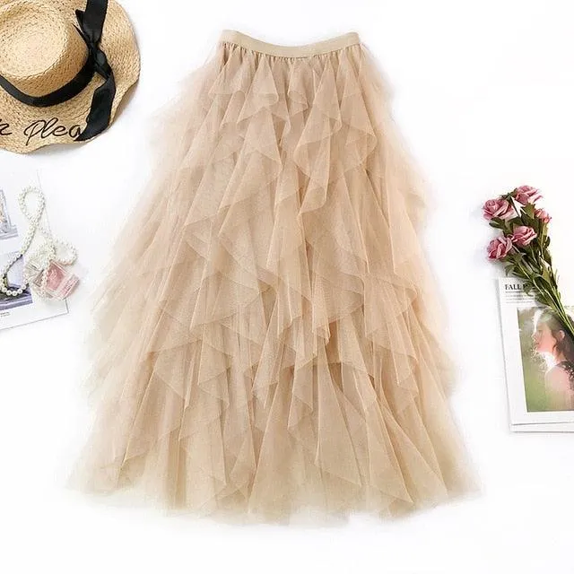 One Size Summer Tulle Skirt Women Boho Long Skirt High Waist Ruffles