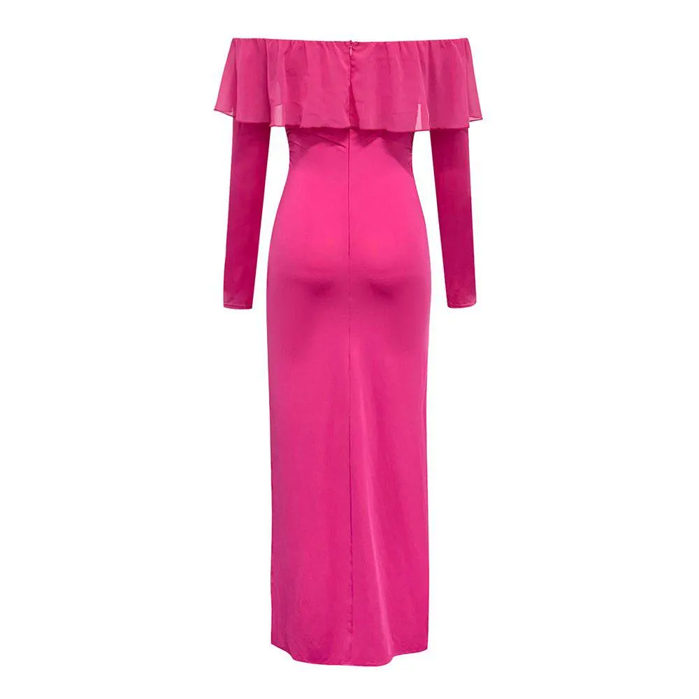 Pinky Long Sleeve Side Slit Ruffle Midi Dress