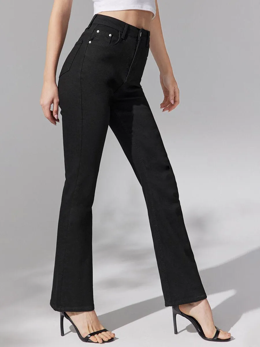 Plain Button Flare Leg High Waist Jeans