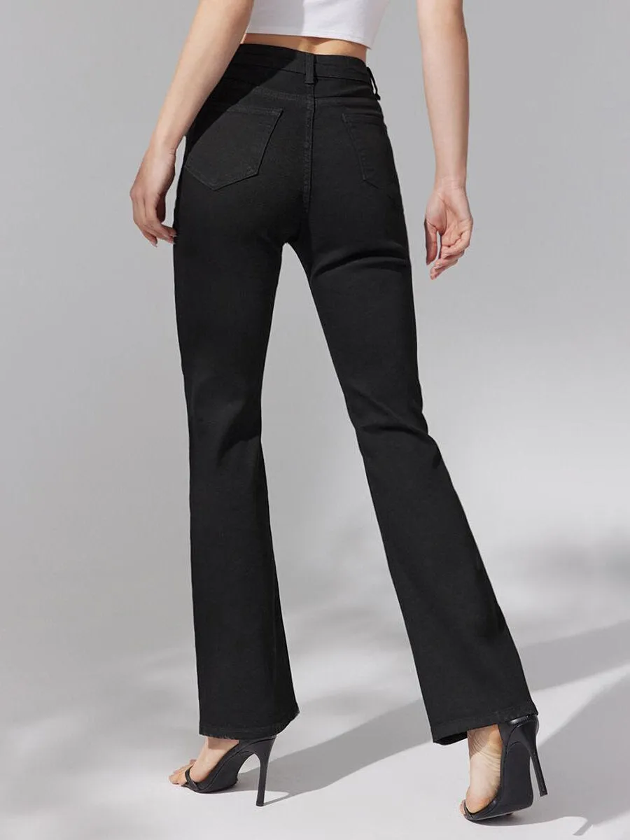 Plain Button Flare Leg High Waist Jeans