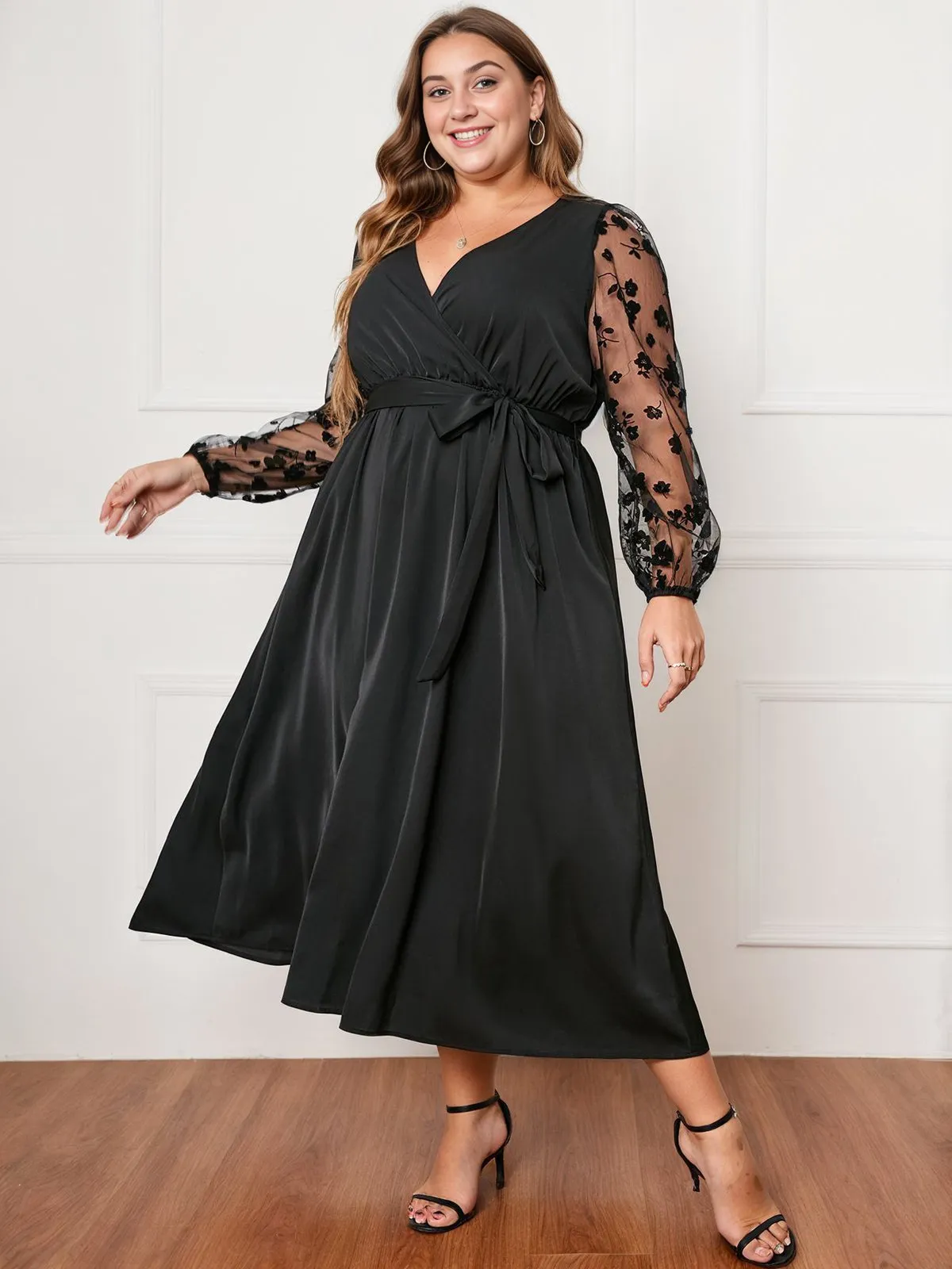 [Plus Size] Black 1950s Floral Mesh Sleeves Dress