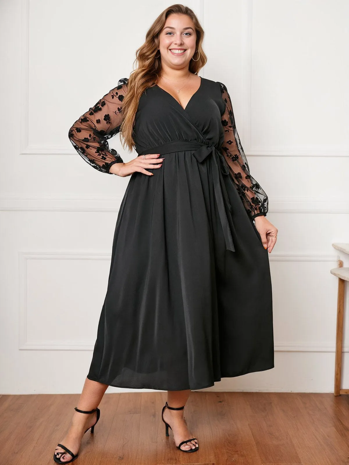 [Plus Size] Black 1950s Floral Mesh Sleeves Dress