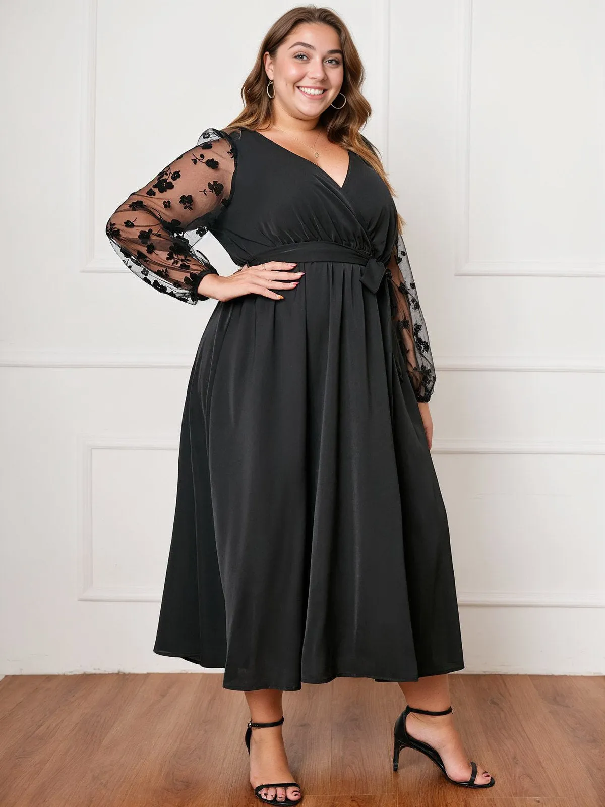 [Plus Size] Black 1950s Floral Mesh Sleeves Dress