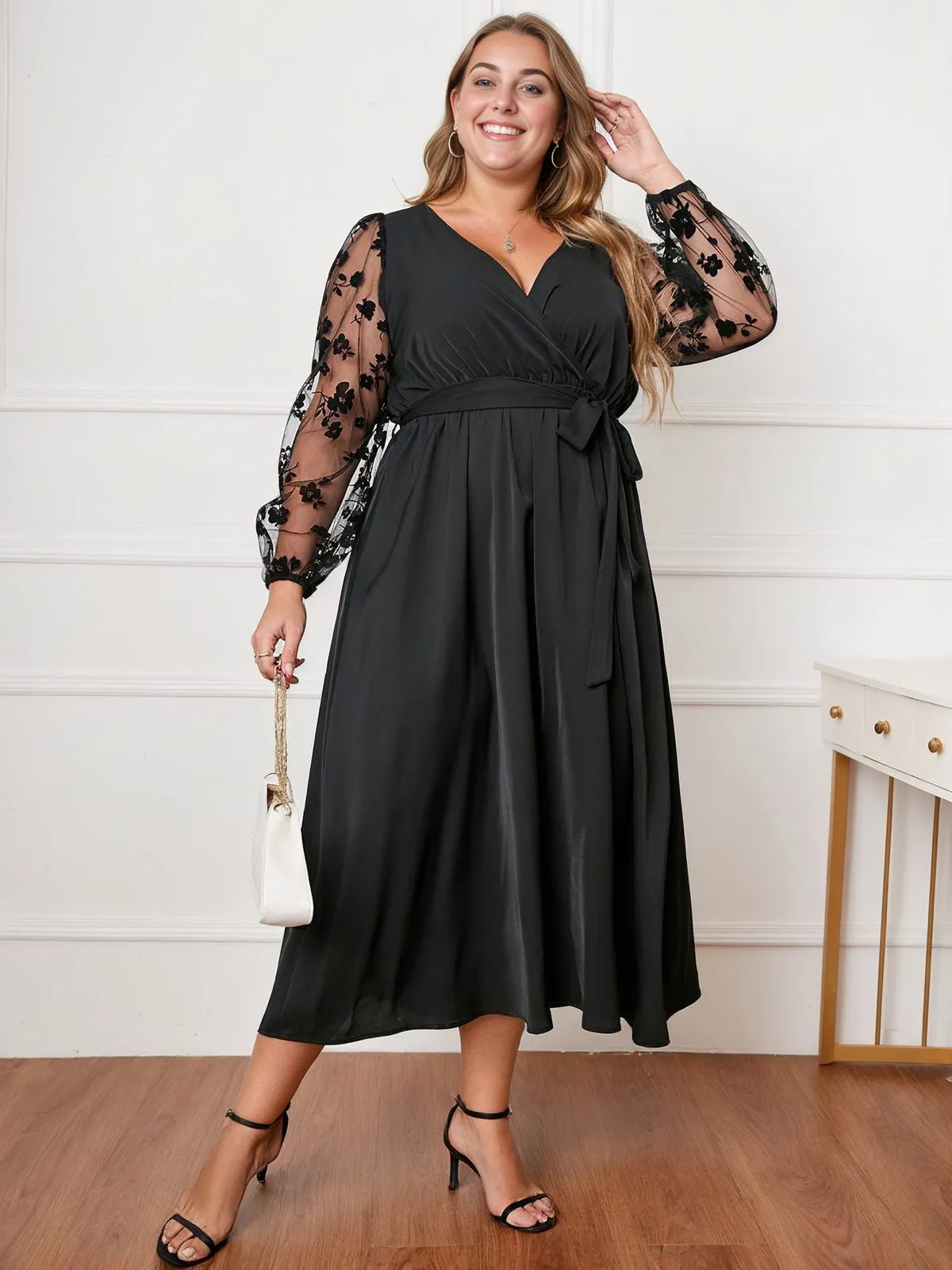 [Plus Size] Black 1950s Floral Mesh Sleeves Dress