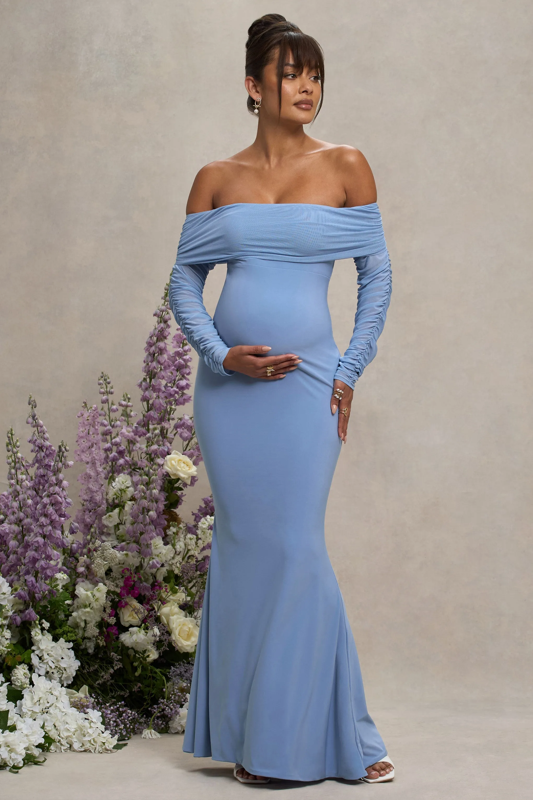 Pretty Perfect | Powder Blue Maternity Ruched Mesh Bardot Maxi Dress