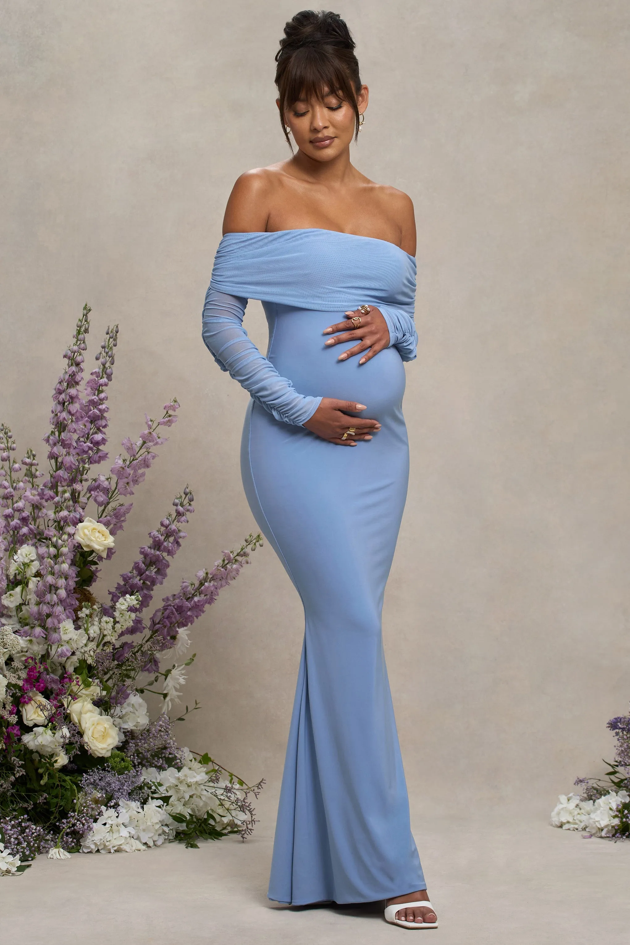 Pretty Perfect | Powder Blue Maternity Ruched Mesh Bardot Maxi Dress