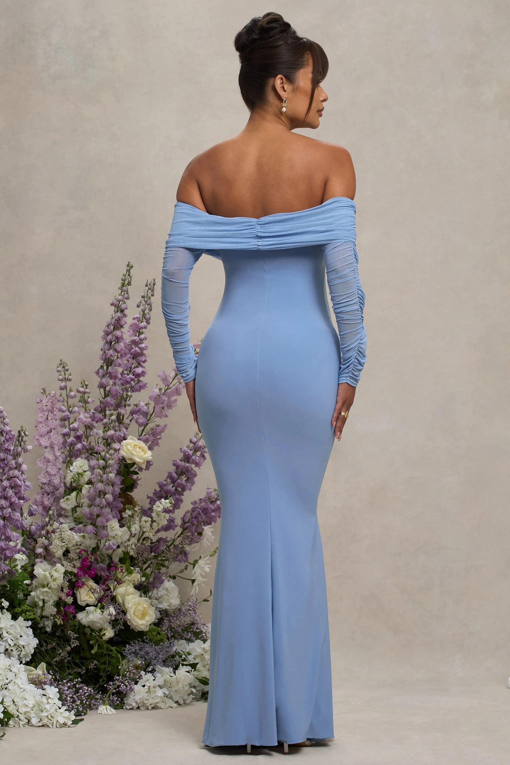 Pretty Perfect | Powder Blue Maternity Ruched Mesh Bardot Maxi Dress