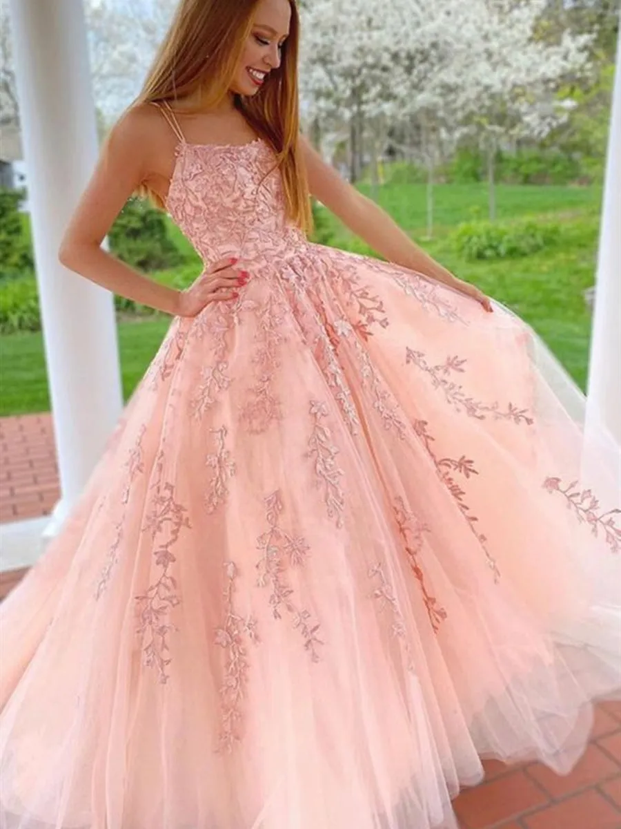 Princess Pink Lace Long Prom with Straps, Pink Lace Formal Graduation Evening