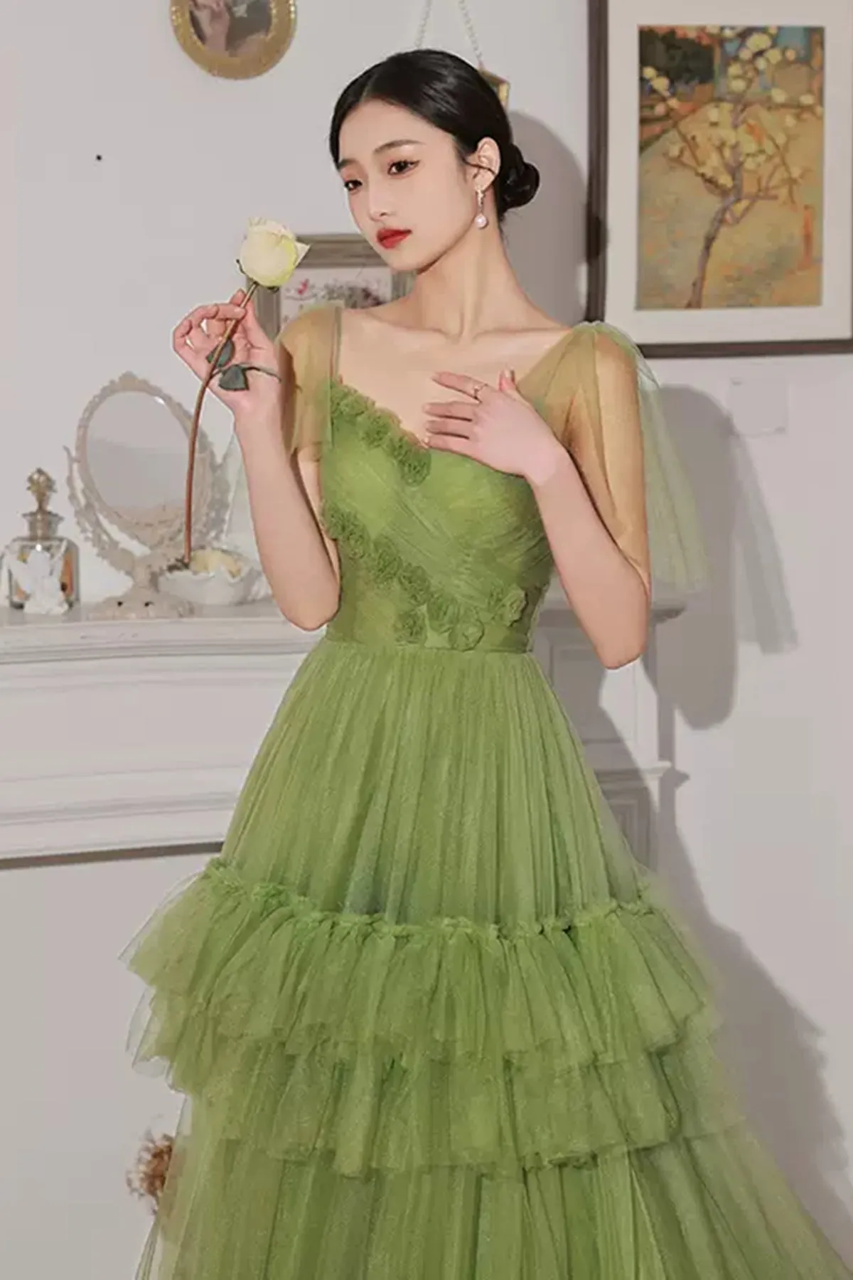 Princess V Neck Green Tulle Long Prom Dress with 3D Flowers, Long Green Formal Evening Dress with Train A1829