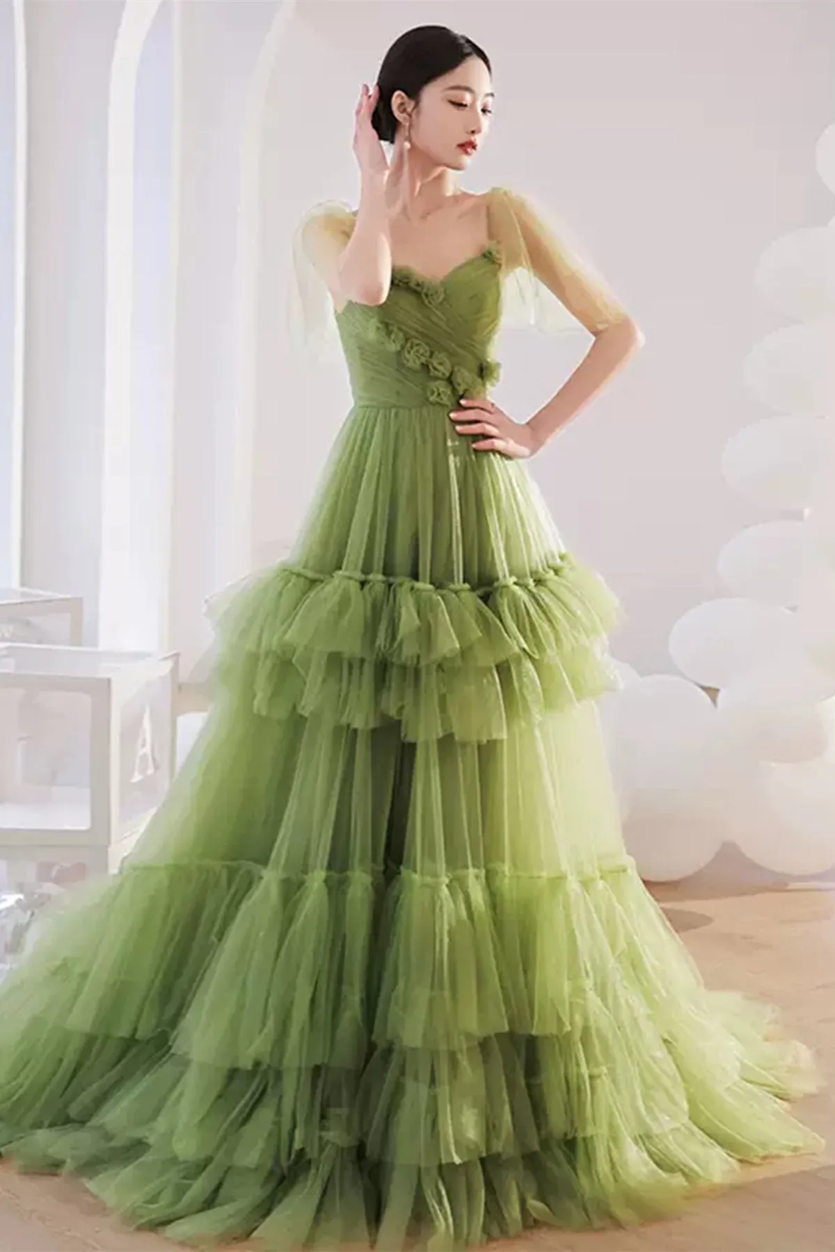 Princess V Neck Green Tulle Long Prom Dress with 3D Flowers, Long Green Formal Evening Dress with Train A1829