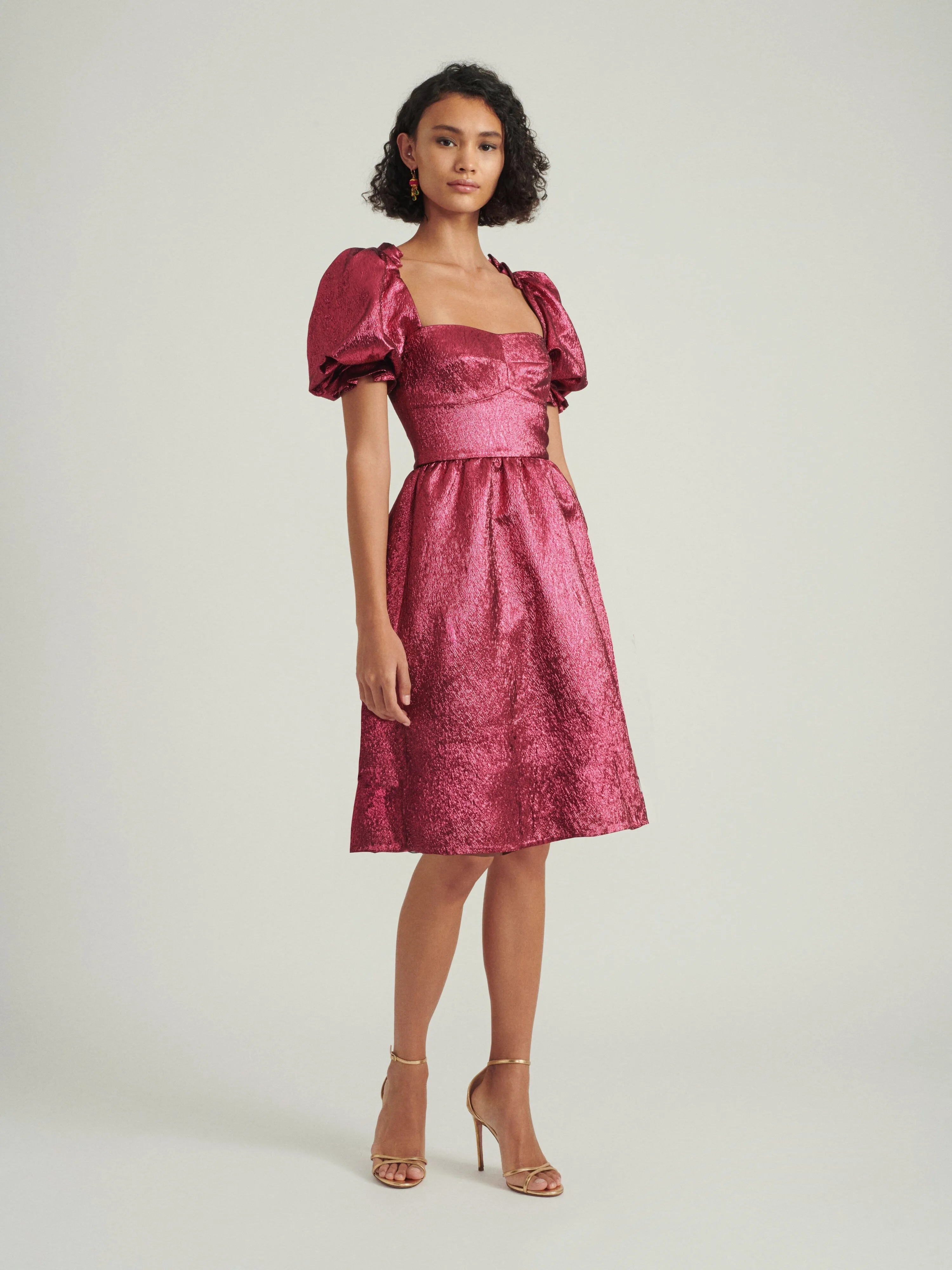 Rachel D Knee Dress in Metallic Pink