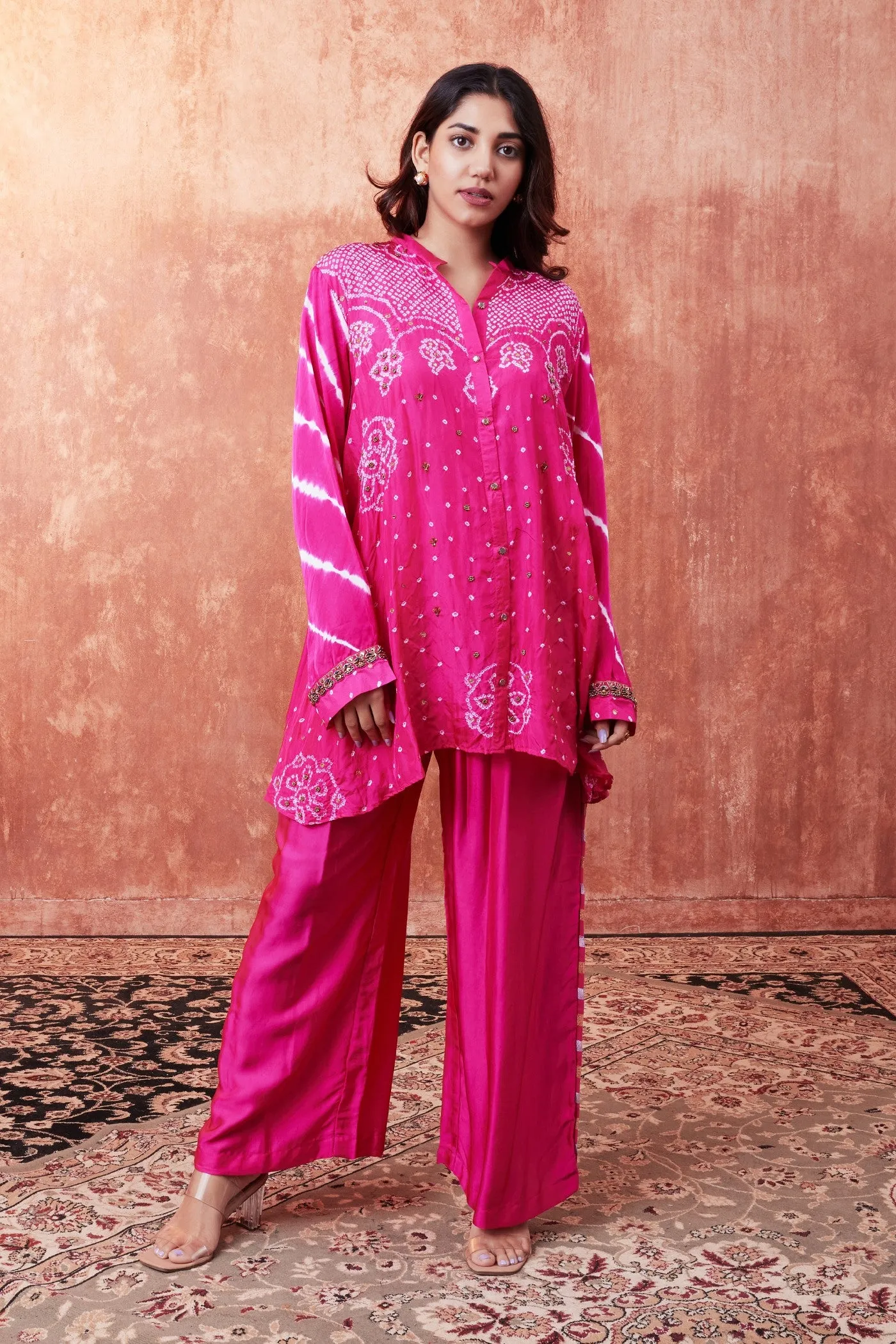 Rani Pink Bandhej Tie Dyed Palazzo Set