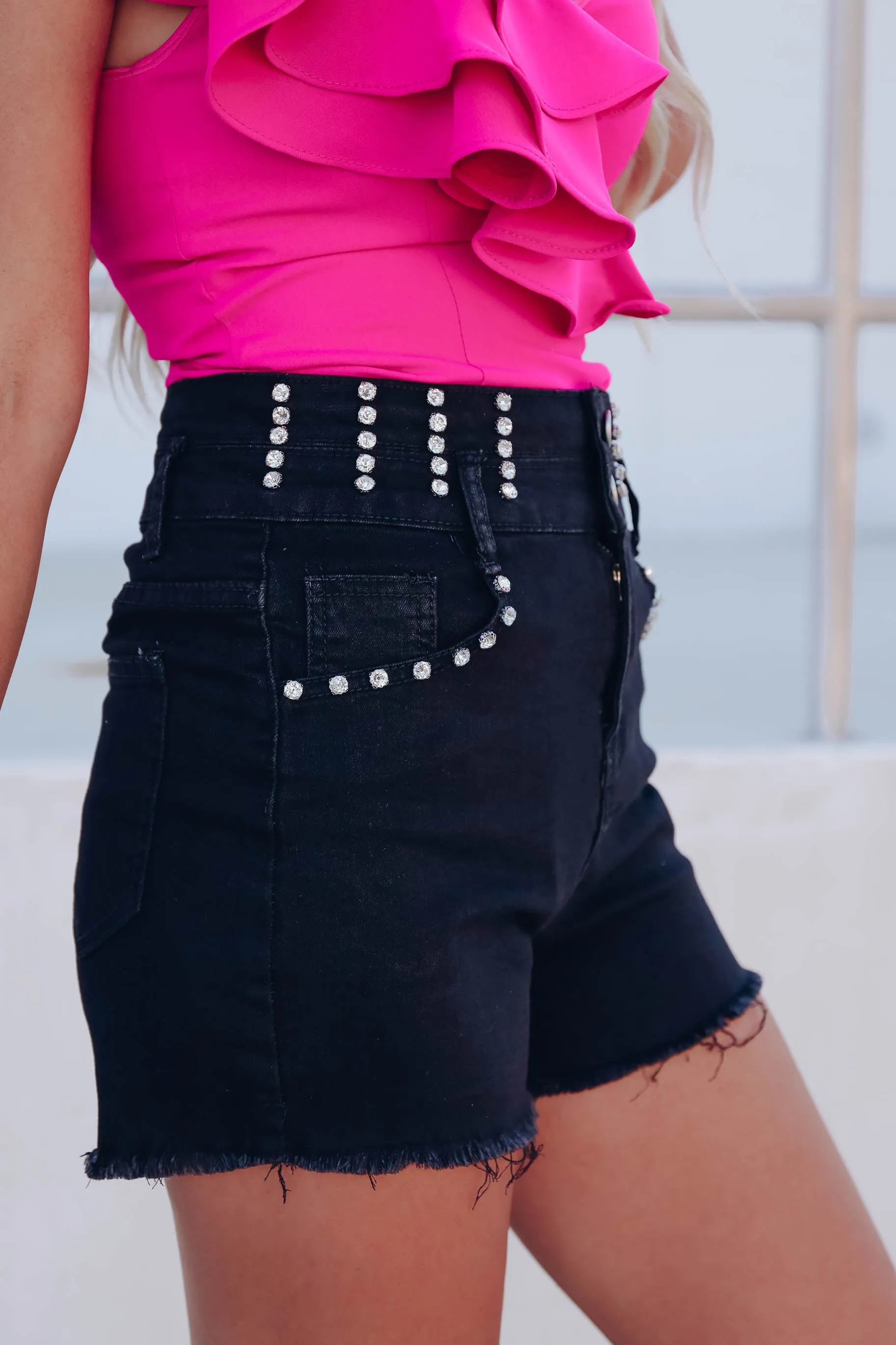 Rhinestone Denim Shorts - Black