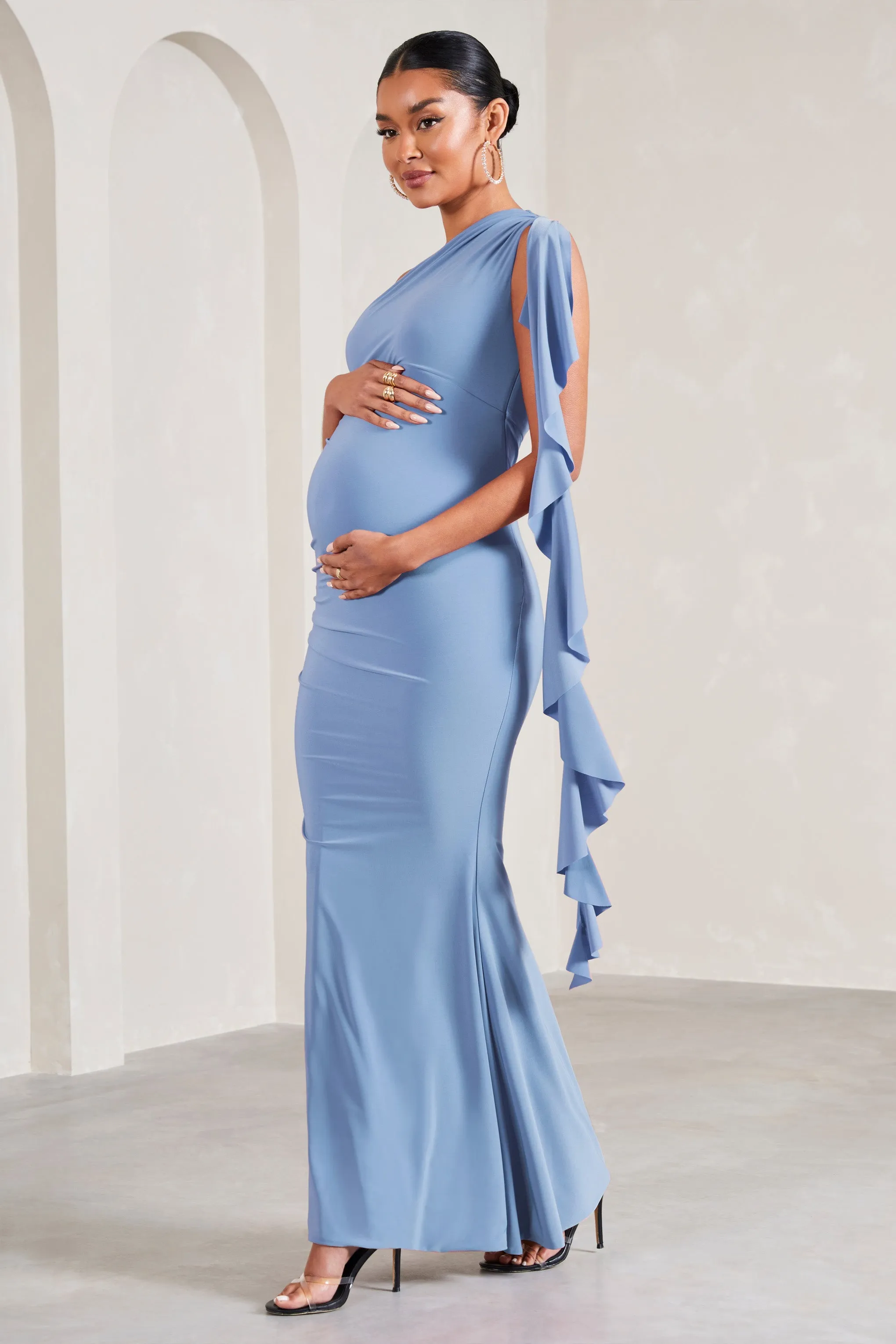 Rosalie | Cornflower Blue One-Shoulder Maternity Maxi Dress With Ruffles