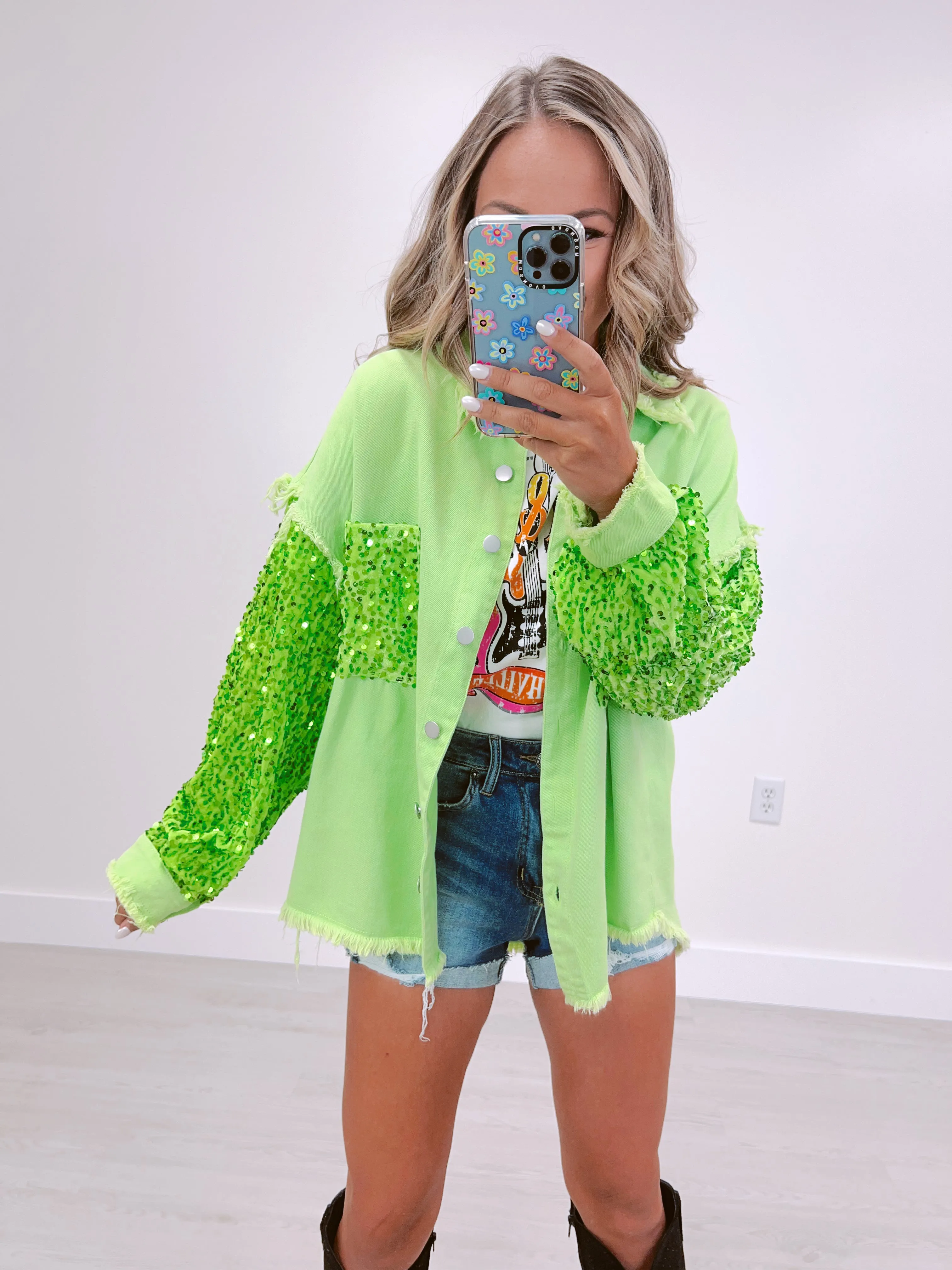 Selene Shimmering Shacket - Lime Green