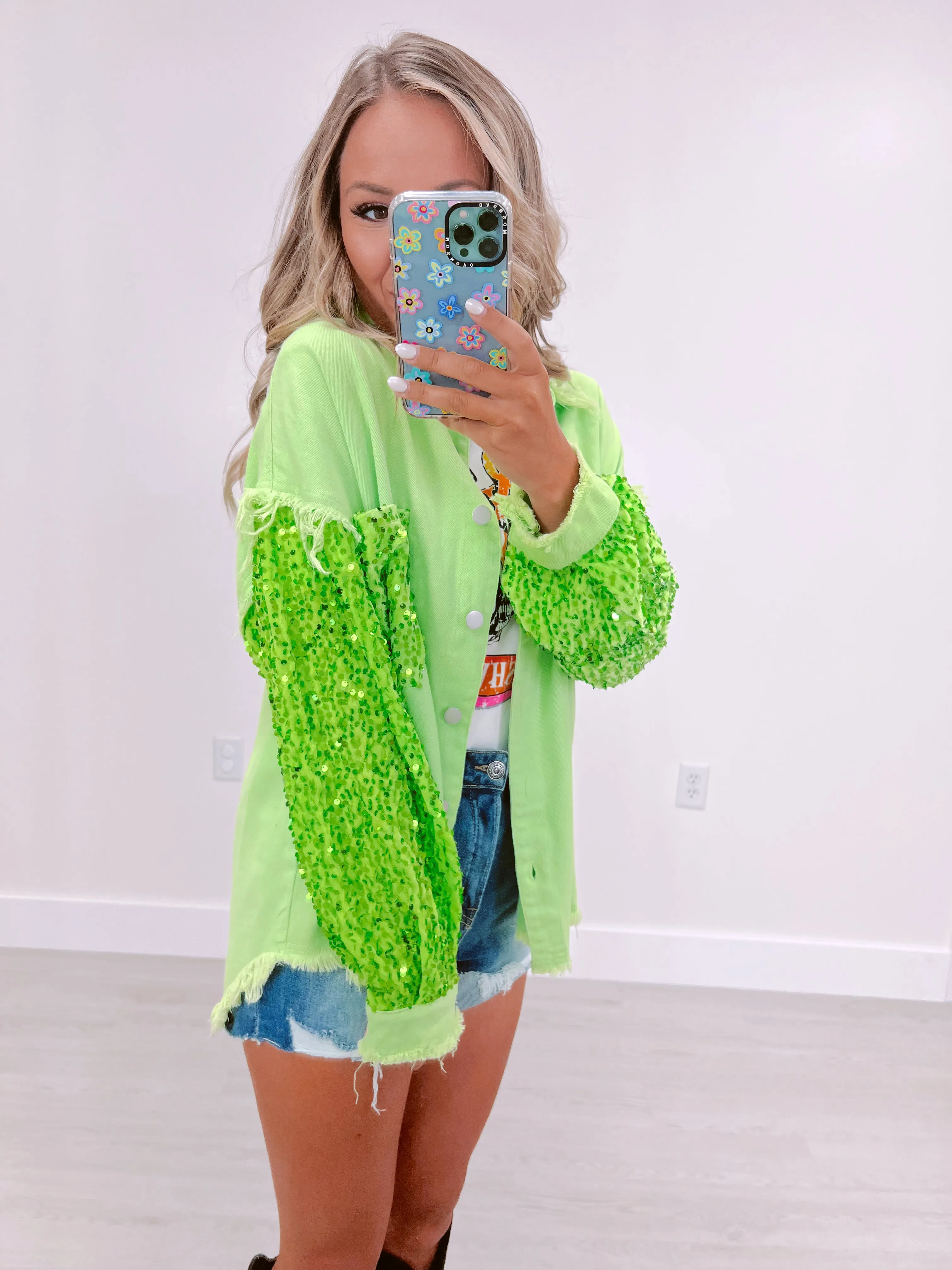 Selene Shimmering Shacket - Lime Green