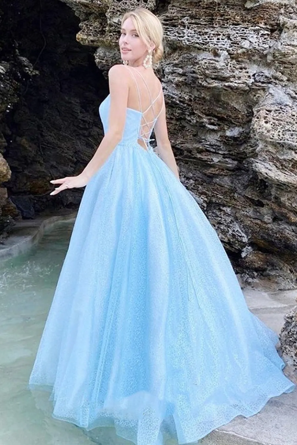 Shiny A Line Thin Straps Backless Blue Long Prom, Open Back Light Blue Formal Evening