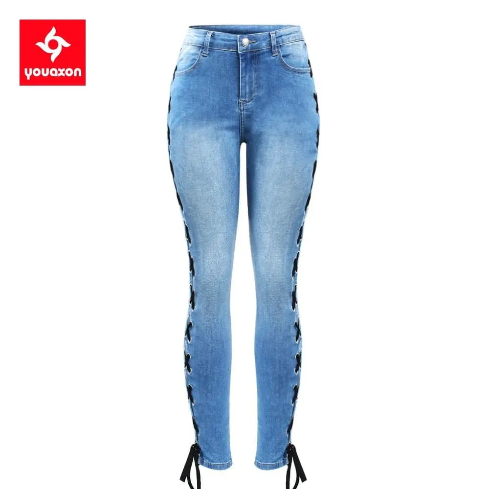 Side Split Bandage Jeans for Women with Pockets and Side Stripe Regular Fit