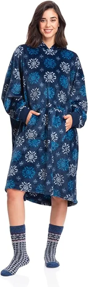 Snowflake Print Blue Wearable Blanket Hoodie for Women