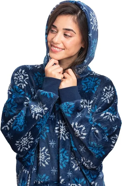 Snowflake Print Blue Wearable Blanket Hoodie for Women