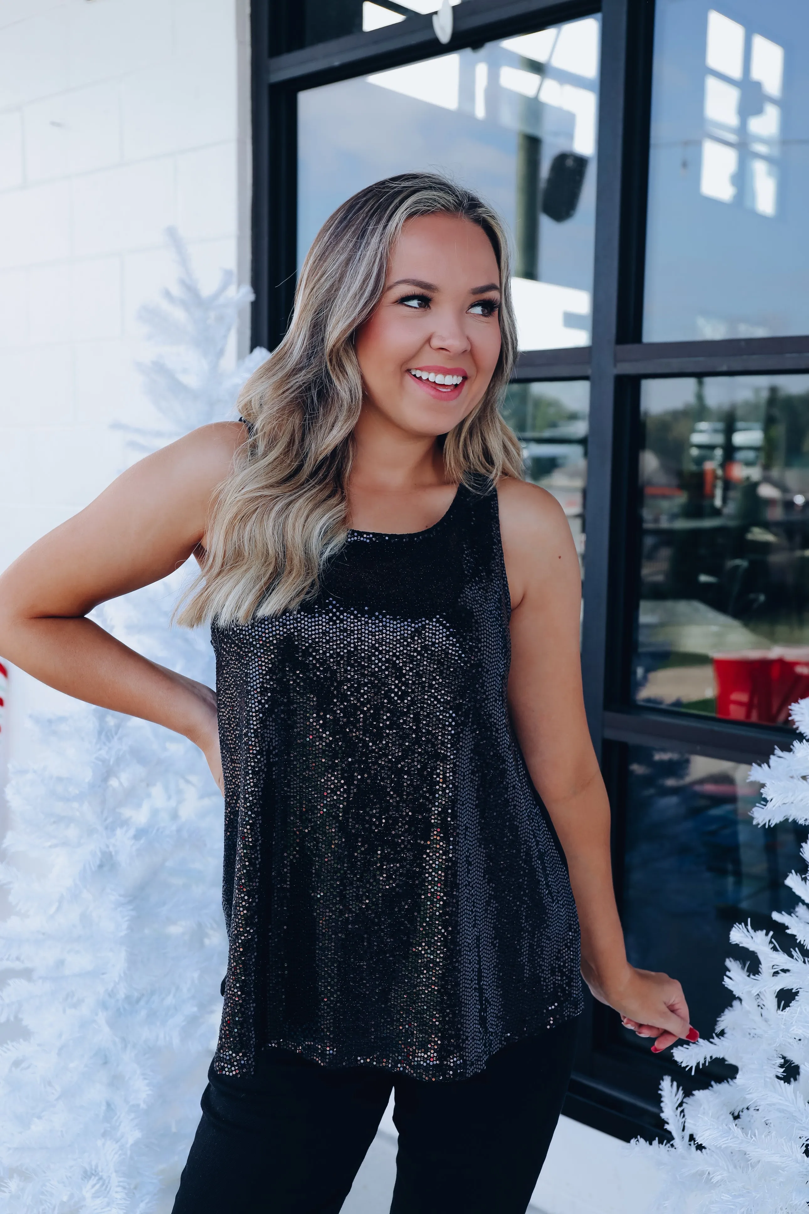 Splash Of Sparkly Sequin Tank Top - Black