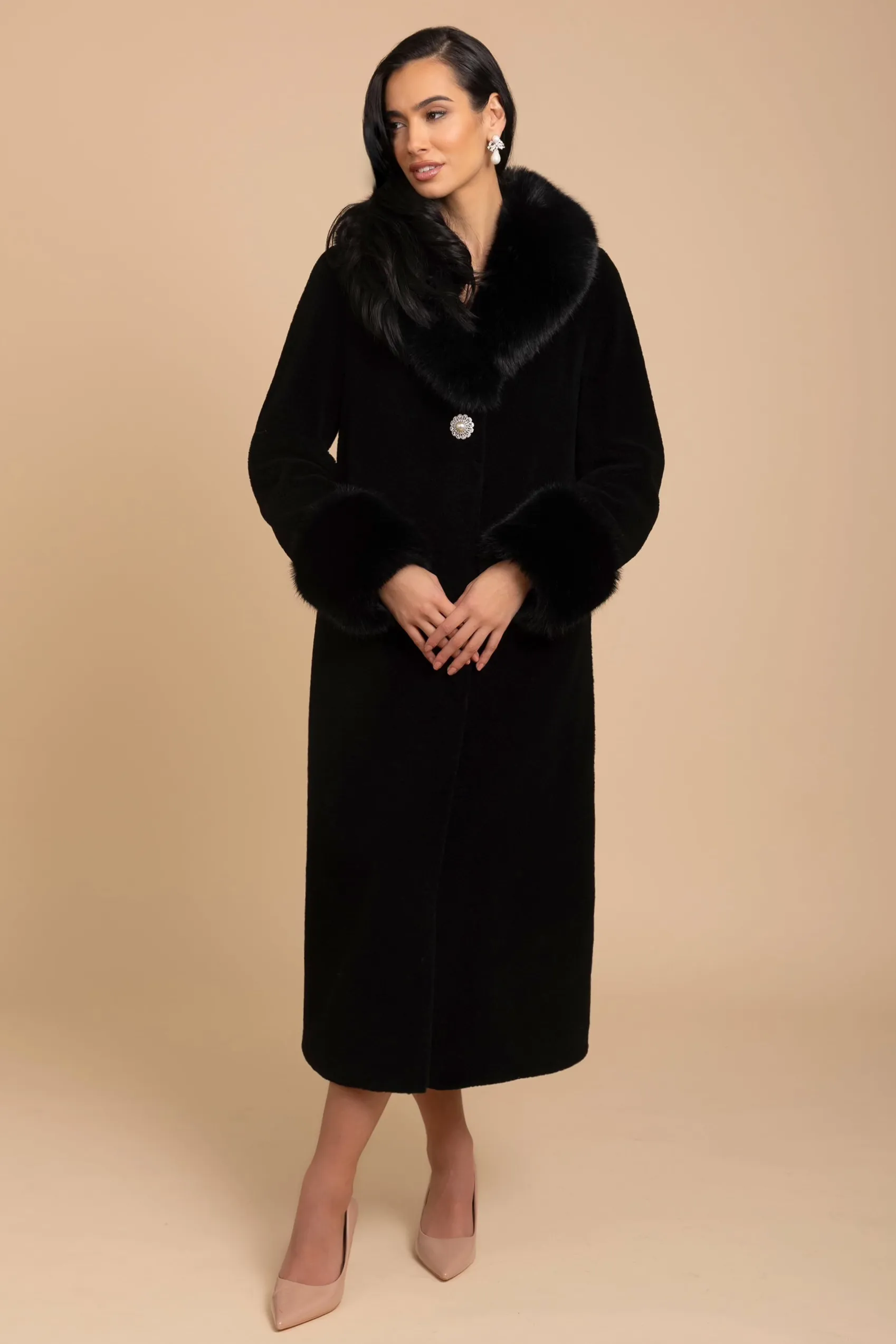 'Sunset Boulevard' Long Wool Coat with Faux Fur Collar in Nero