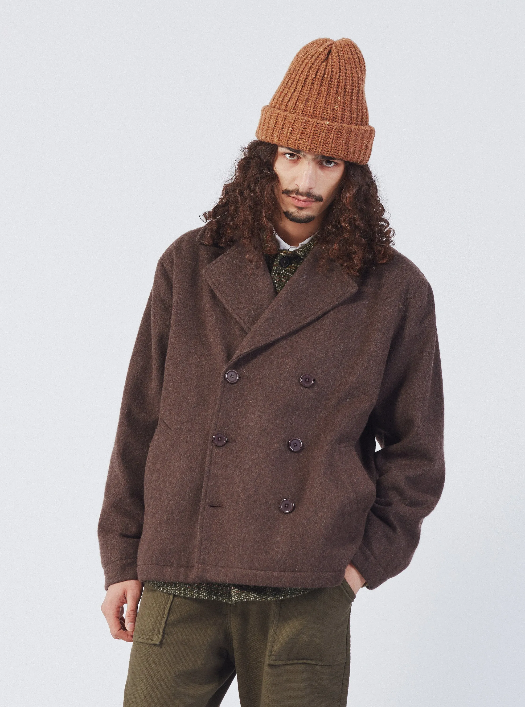 Universal Works Peacoat in Brown Melange Melton