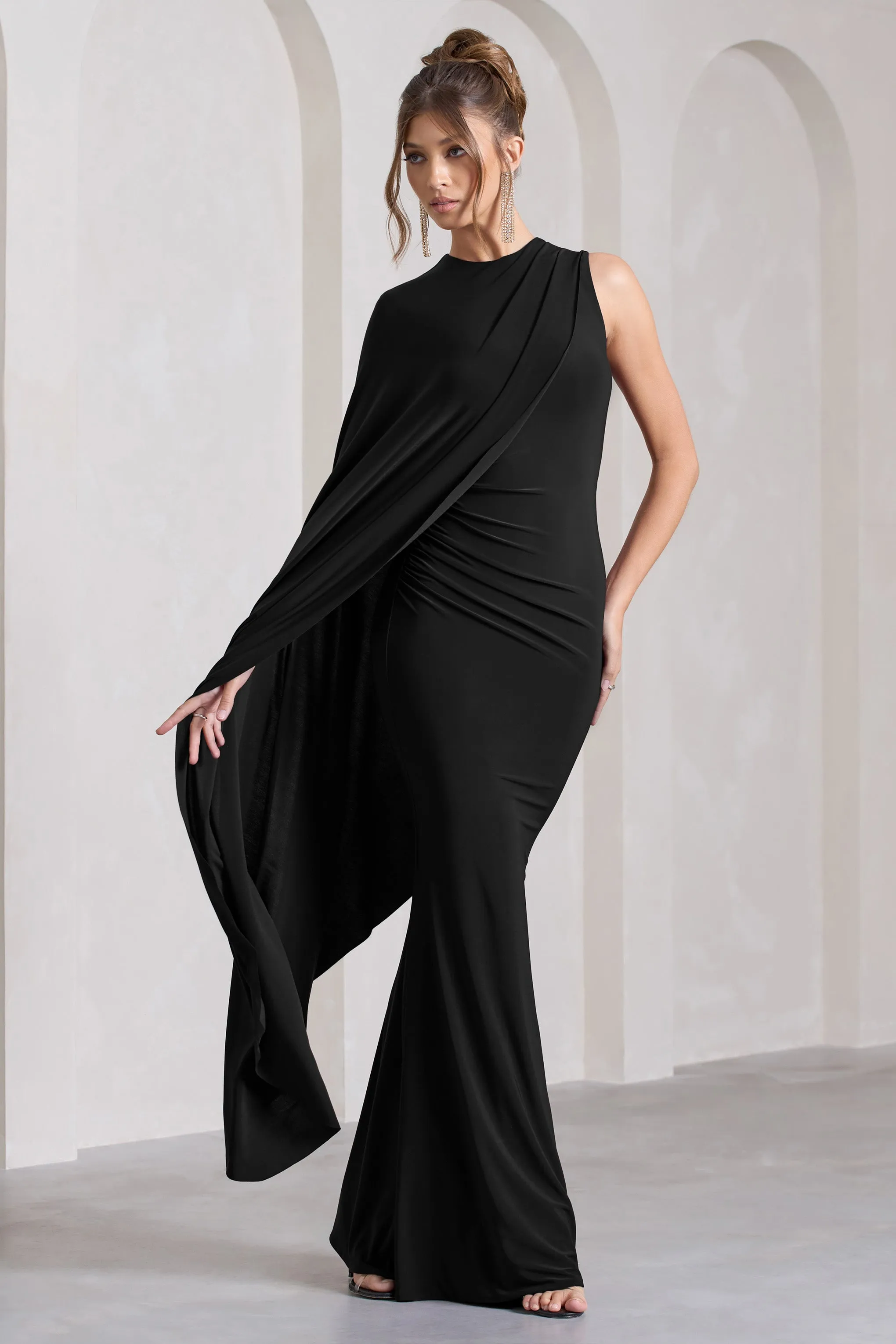 Unveil | Black One-Sleeve Cape Maxi Dress