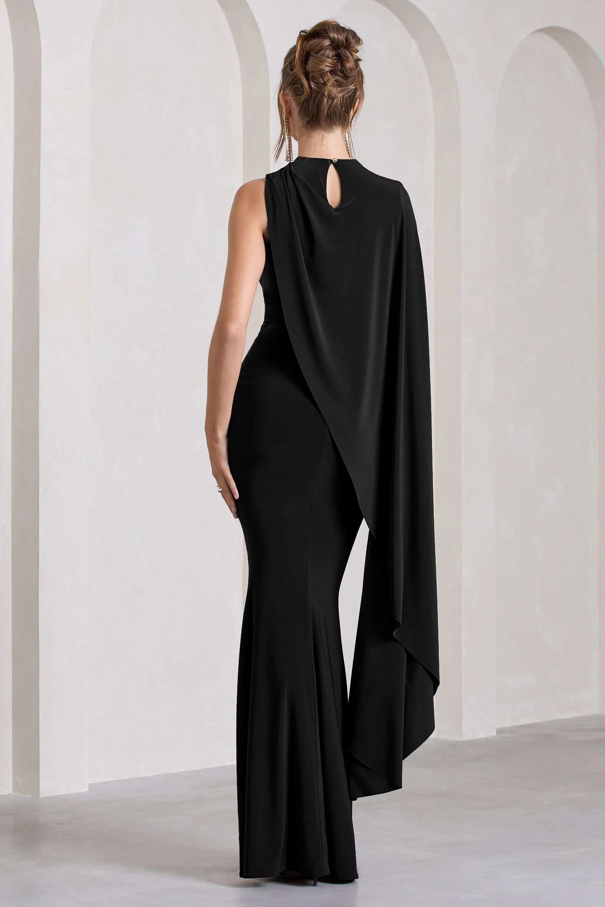 Unveil | Black One-Sleeve Cape Maxi Dress