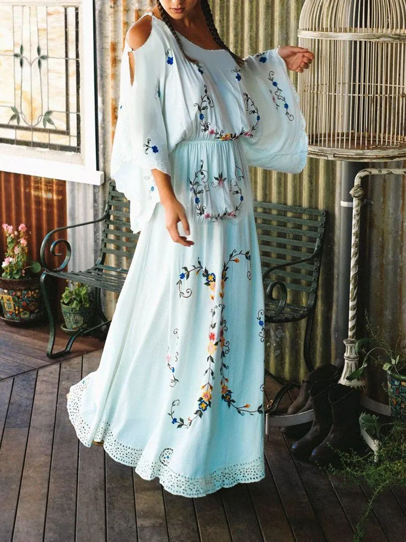 V-neck Color Embroidery Long Sleeve Bohemian Maxi Long Dress