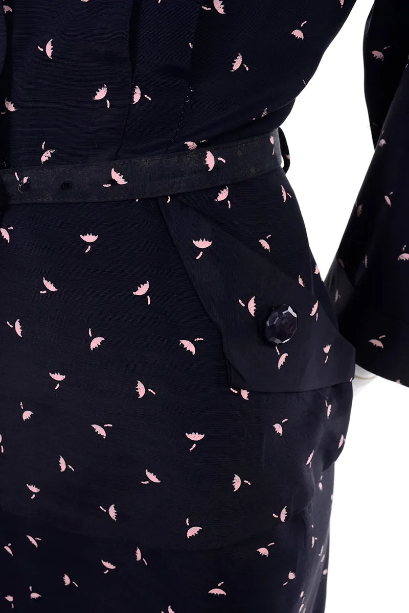 Vintage 1940s Navy Blue & Pink Umbrella Print 2 Pc Dress