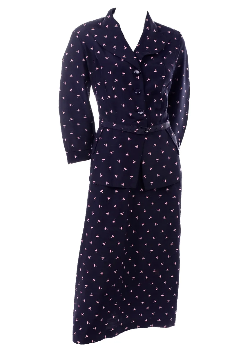 Vintage 1940s Navy Blue & Pink Umbrella Print 2 Pc Dress