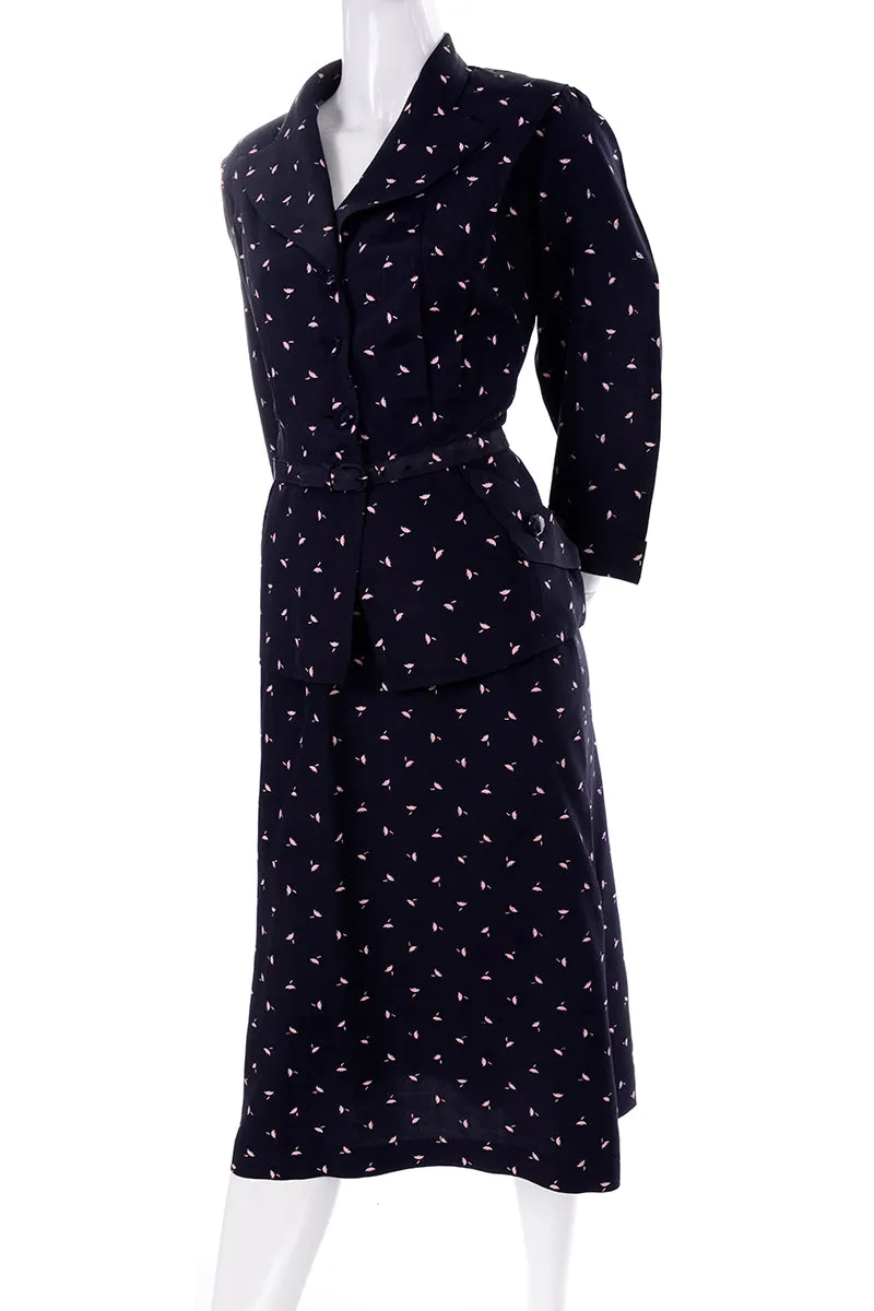 Vintage 1940s Navy Blue & Pink Umbrella Print 2 Pc Dress