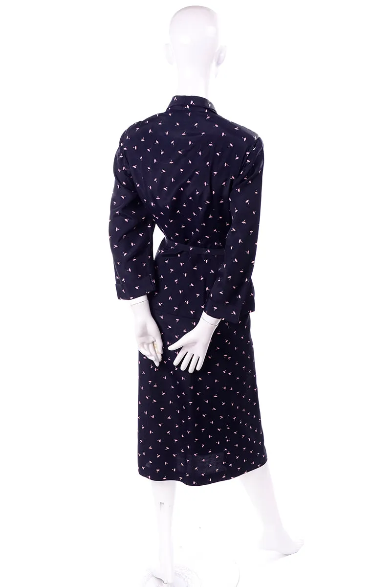 Vintage 1940s Navy Blue & Pink Umbrella Print 2 Pc Dress