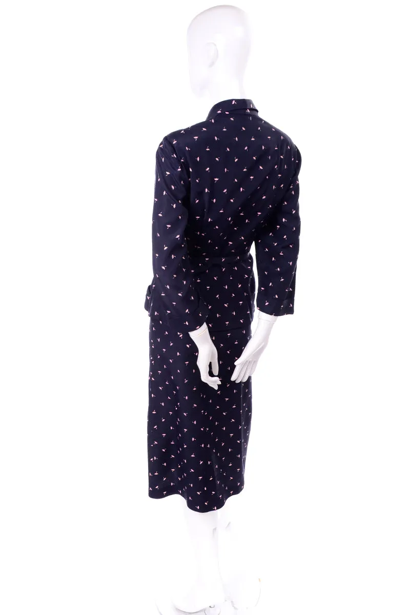 Vintage 1940s Navy Blue & Pink Umbrella Print 2 Pc Dress