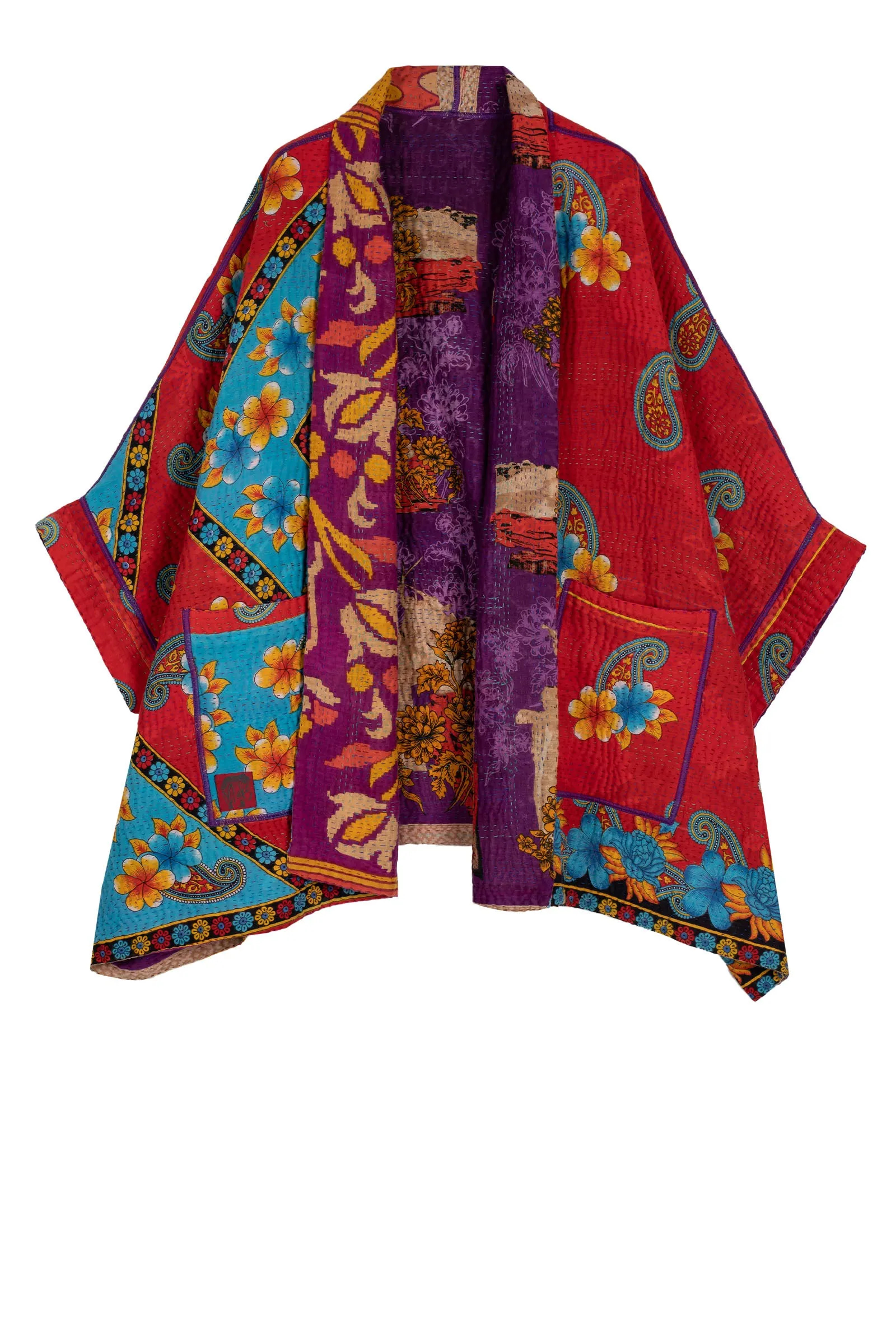 VINTAGE COTTON KANTHA DOUBLE COLLAR PONCHO - cv4323-0026a -