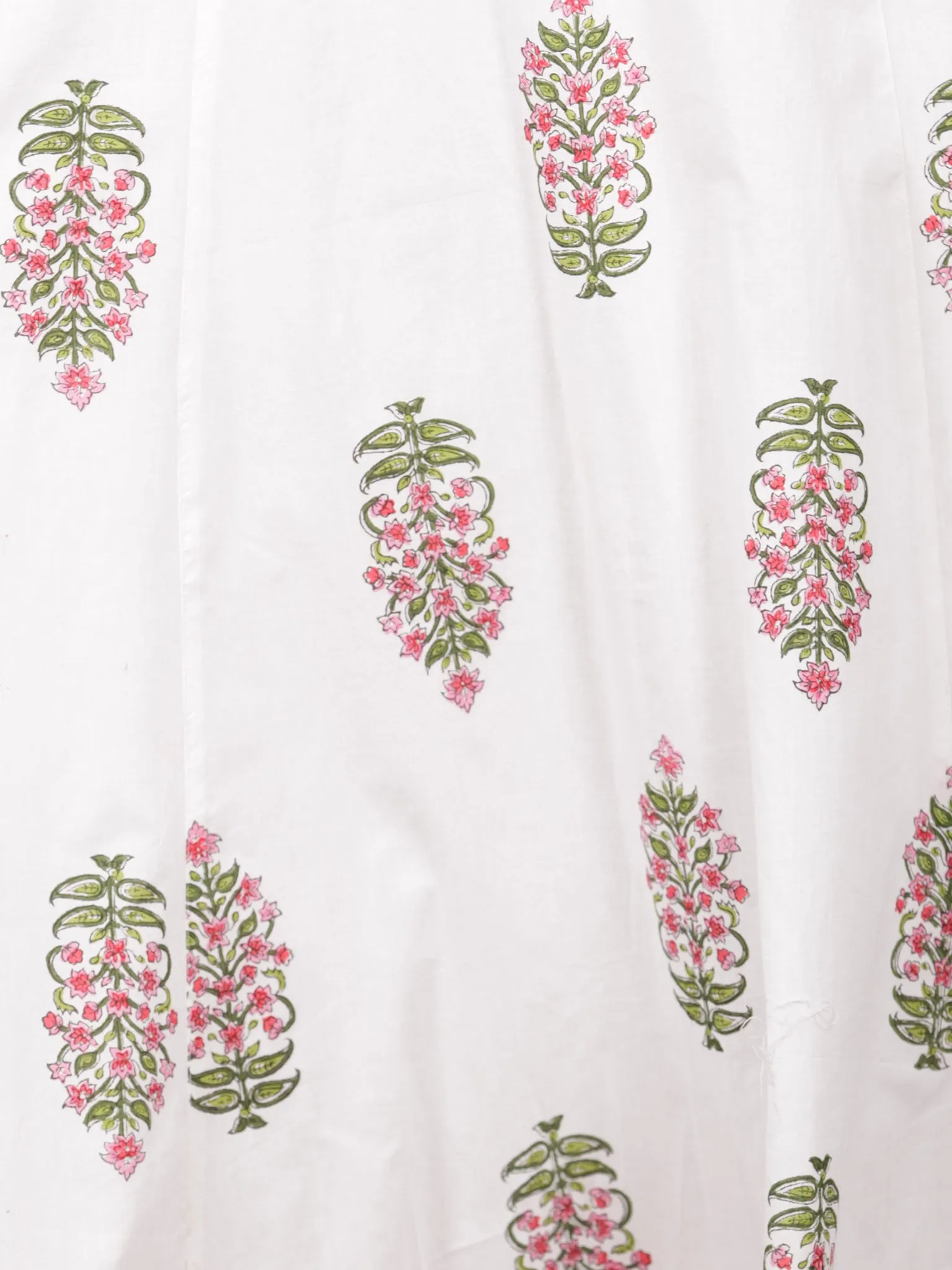 White Pink Green Hand Block Printed Panel Cotton Long Dress - D282BF1502