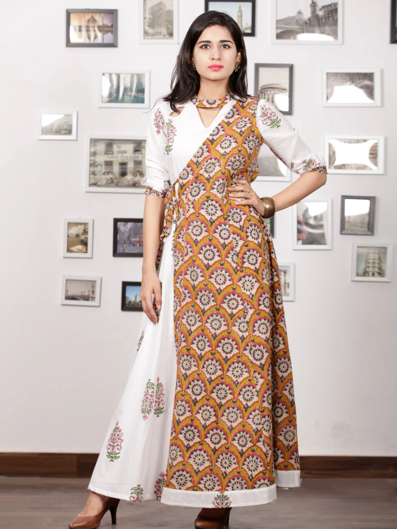 White Pink Green Hand Block Printed Panel Cotton Long Dress With Cape (Set of 2) - D282F1502