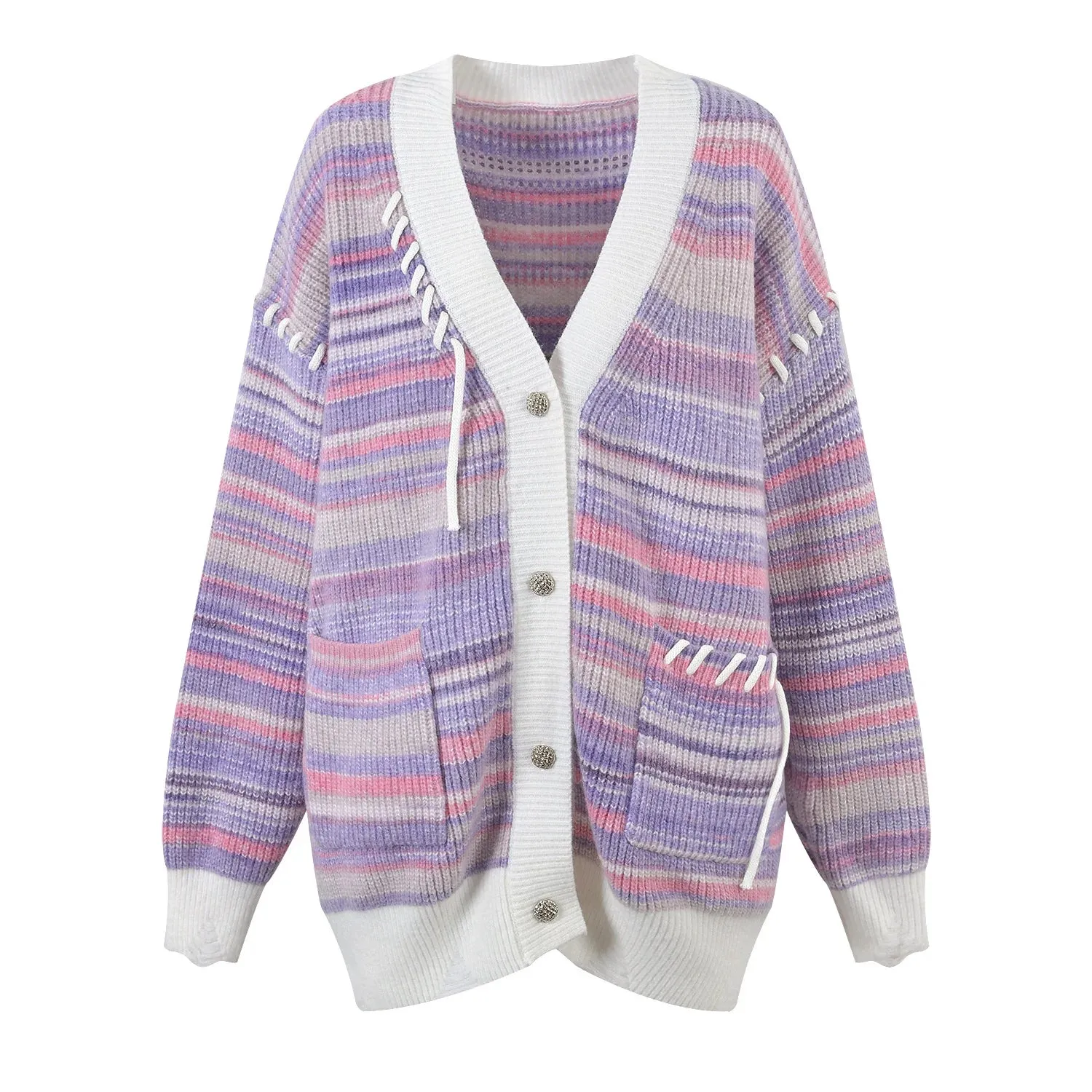 Winter Colorful Cardigan Sweater Stripe Rainbow Knitted Button Coat Fashion Contrast Color Sweater Coat Y2K Tops  C-254