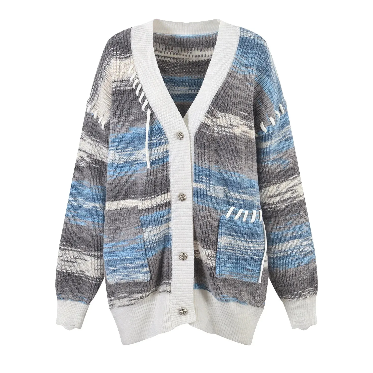 Winter Colorful Cardigan Sweater Stripe Rainbow Knitted Button Coat Fashion Contrast Color Sweater Coat Y2K Tops  C-254