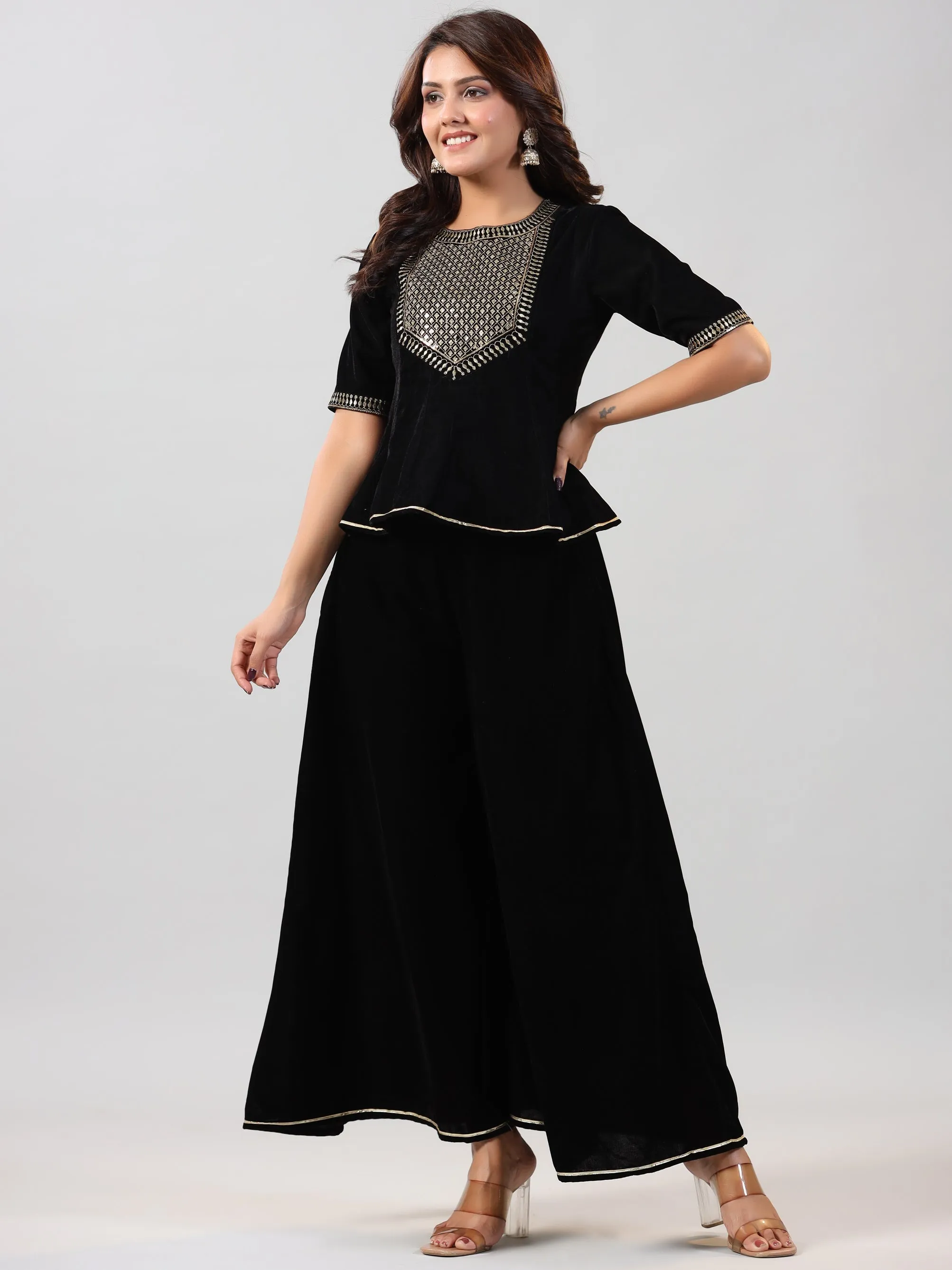 Women Black Velvet Embroidered Clothing Set