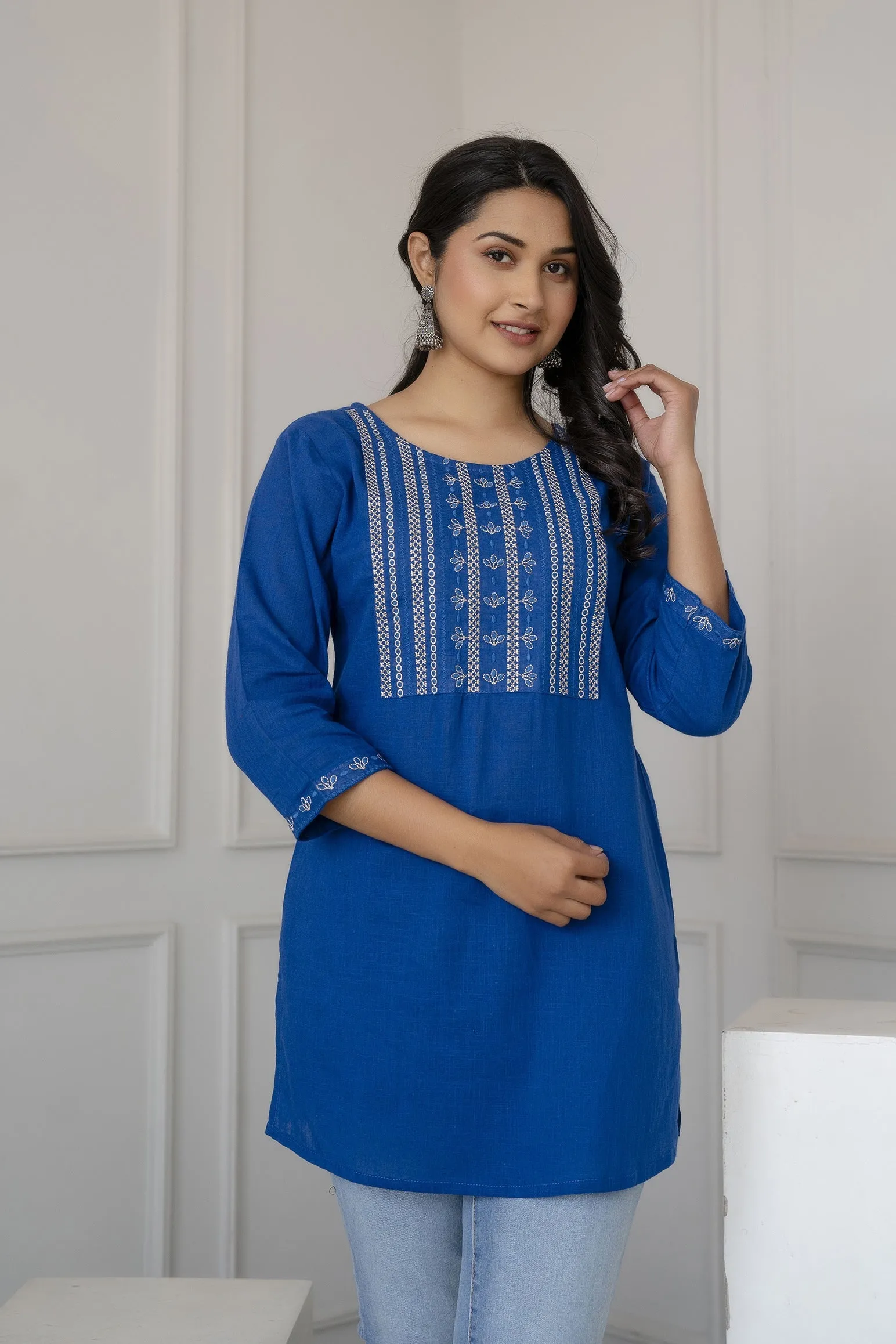 Women Blue Embroidered Straight Tunic